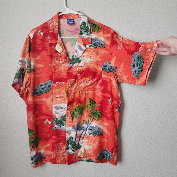 OP x VINTAGE Hawaiian bright floral surfer button up short sleeve in red - Picture 6 of 7